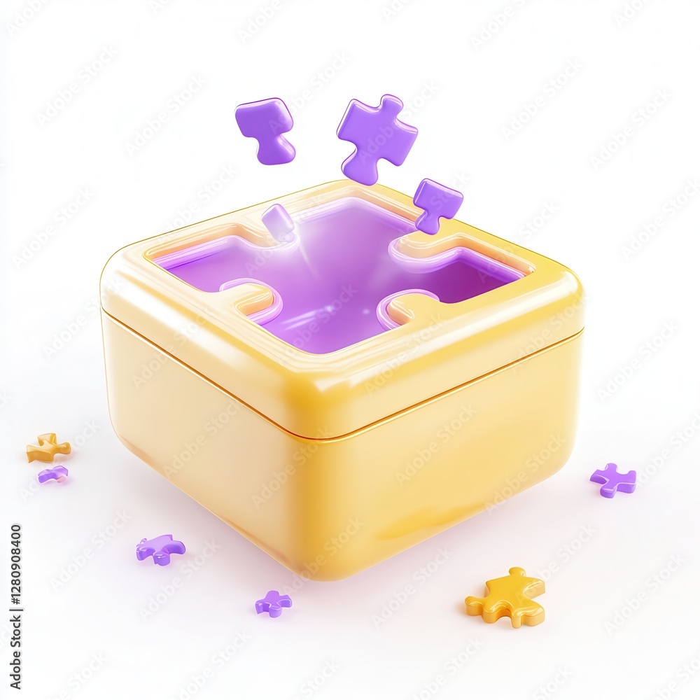 Poster a colorful 3d puzzle box with pieces floating above it, designed to be playful and engaging.