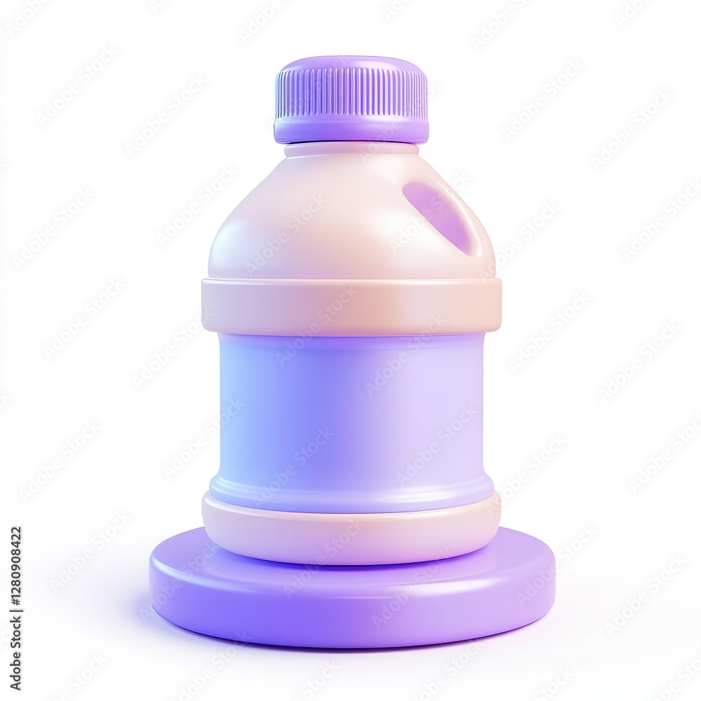Poster a 3d rendered bottle with a purple design and a circular base, showcasing a minimalist style.
