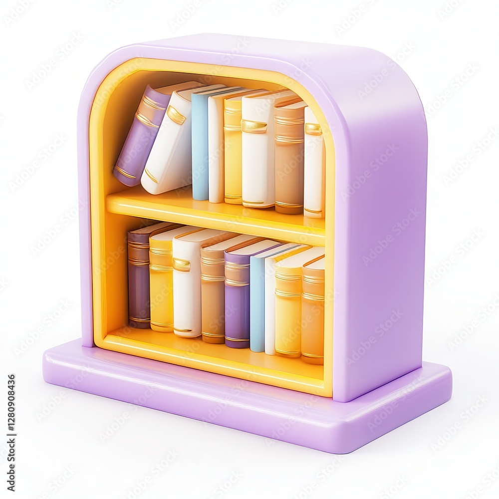 Poster a colorful 3d bookshelf displaying neatly arranged books in pastel shades on two shelves.