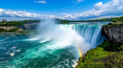 Fototapeta premium Powerful Waterfall with Rainbow and Lush Greenery under a Sunny Sky