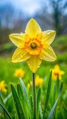 Fototapeta premium A daffodil with petals that curl inward when touched by rain resembling a playful wink