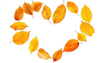 Obraz premium A heart-shaped arrangement of vibrant autumn leaves on a white background, symbolizing nature's beauty