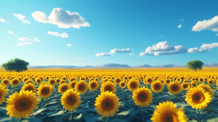 Obraz premium Sunflower field stretching infinitely under a bright blue sky