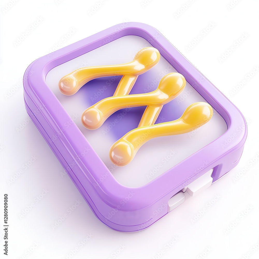 Poster a 3d rendering of a purple and yellow icon with abstract shapes on a white background.