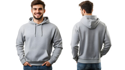 Portrait of a happy handsome american young attractive man, wearing a gray hoodie sweater and jeans, front and back view