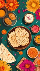 Flat Lay of Traditional Holi Foods and Decorations, Holi