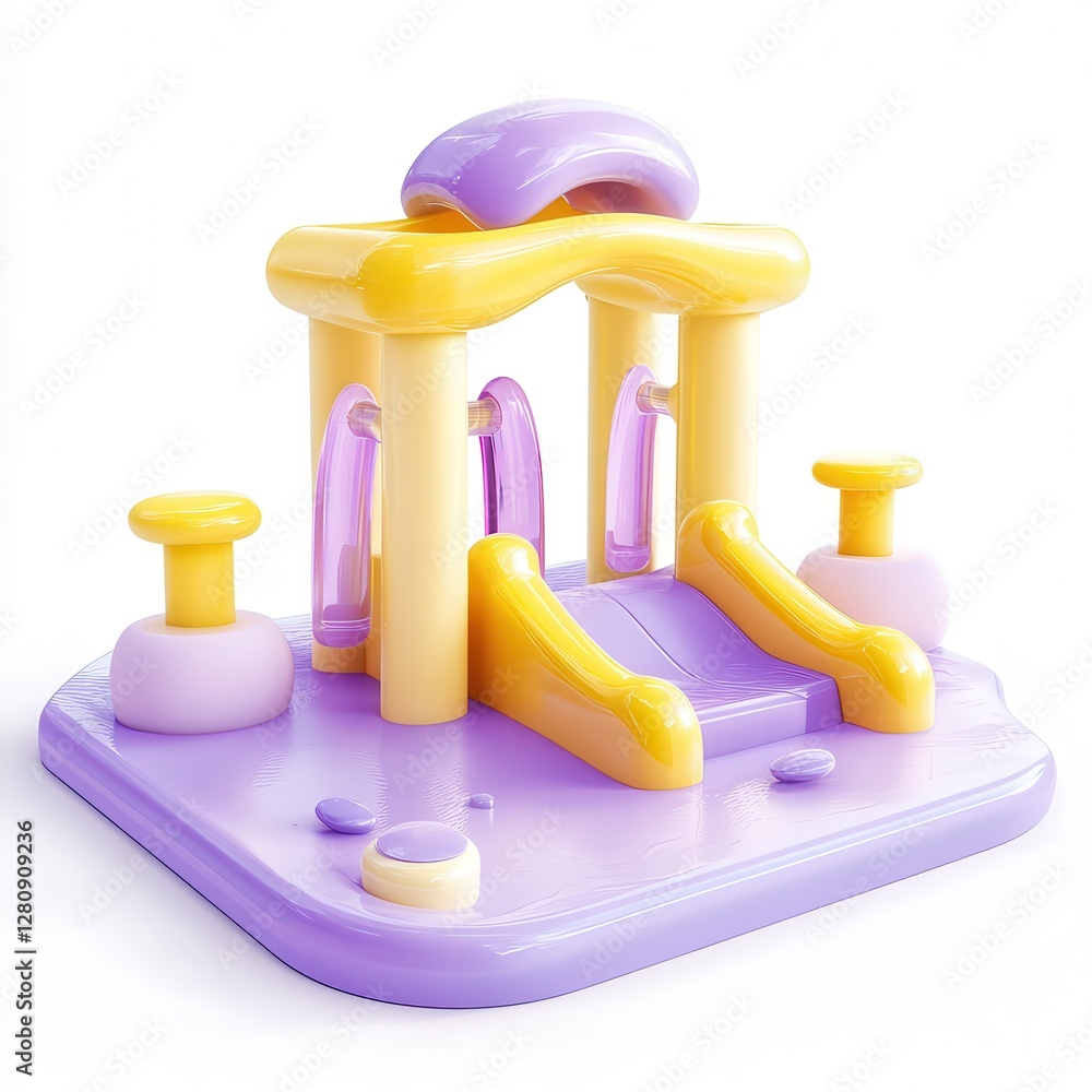 Poster a colorful 3d model of a playful structure with slides and rounded shapes, designed for children's f