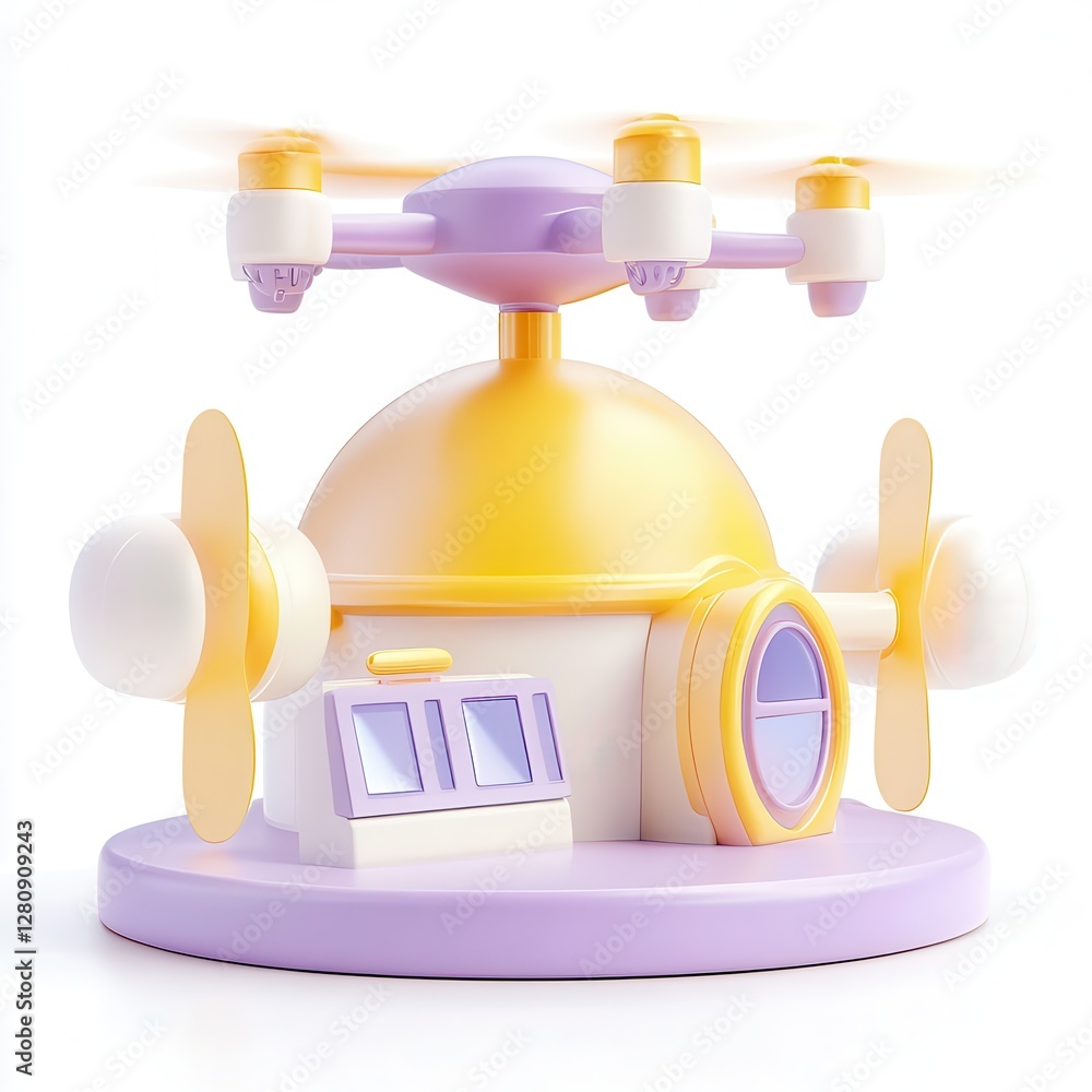 Poster a colorful 3d model of a whimsical drone with a rounded body and smooth propellers, set on a circula