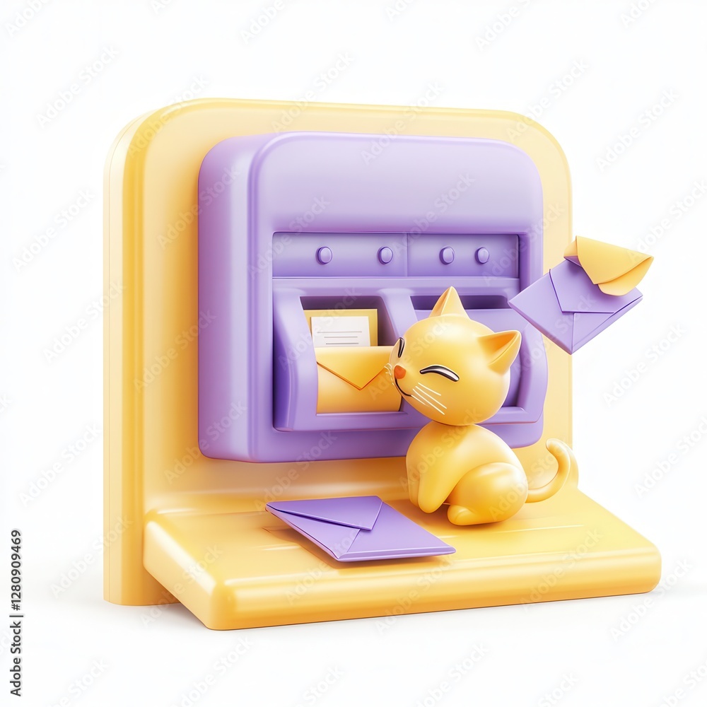 Poster a playful cat interacts with a colorful mailbox in a 3d render.