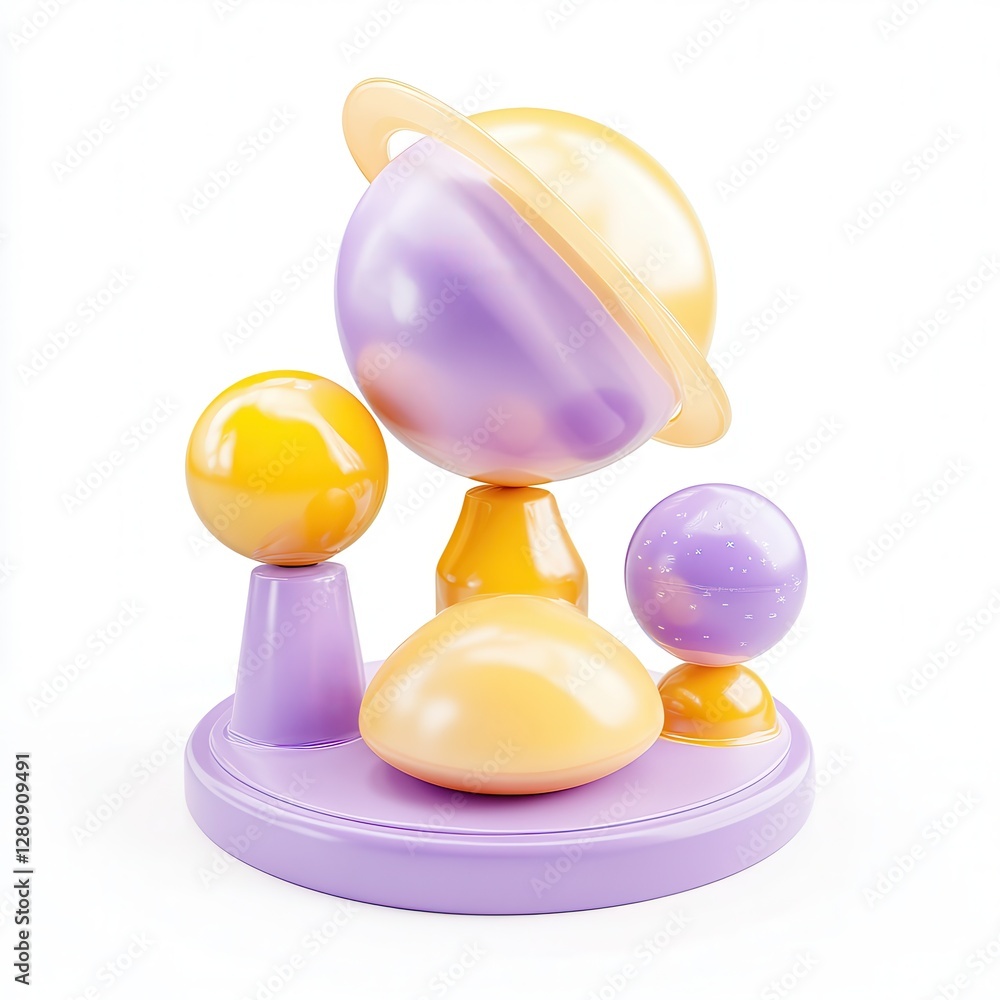 Poster a colorful 3d model of planets in various shapes and sizes, featuring soft pastel colors and a moder