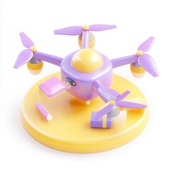 A colorful 3D model of a drone on a circular base with small accessories scattered around it.