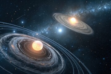 Celestial Dance of Binary Star System with Cosmic Elements and Gravitational Forces in Space