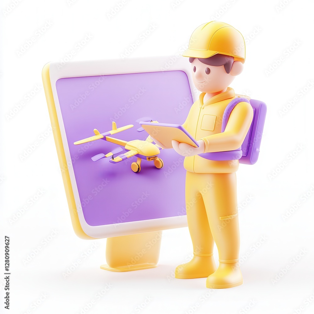 Poster a 3d character in a construction outfit holding a clipboard next to a display with an airplane model