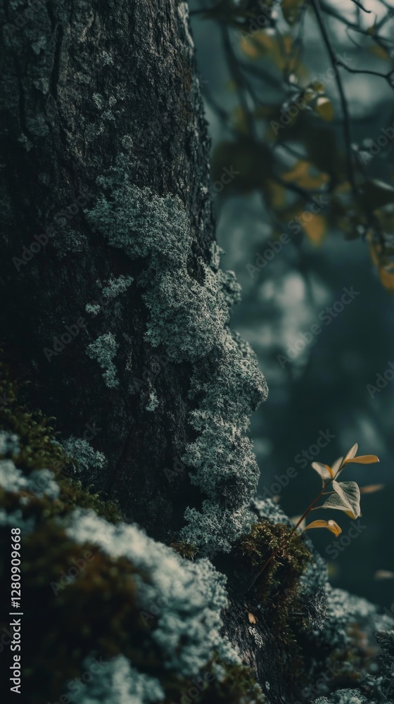 Poster nestled in a tranquil forest, rich green moss blankets the rugged tree trunk, creating a lush tapest