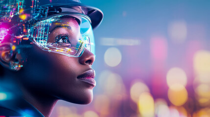 Future Vision: A Woman in Protective Gear Glimpses Tomorrow's Skyline - Innovation, Safety, Tech Integration