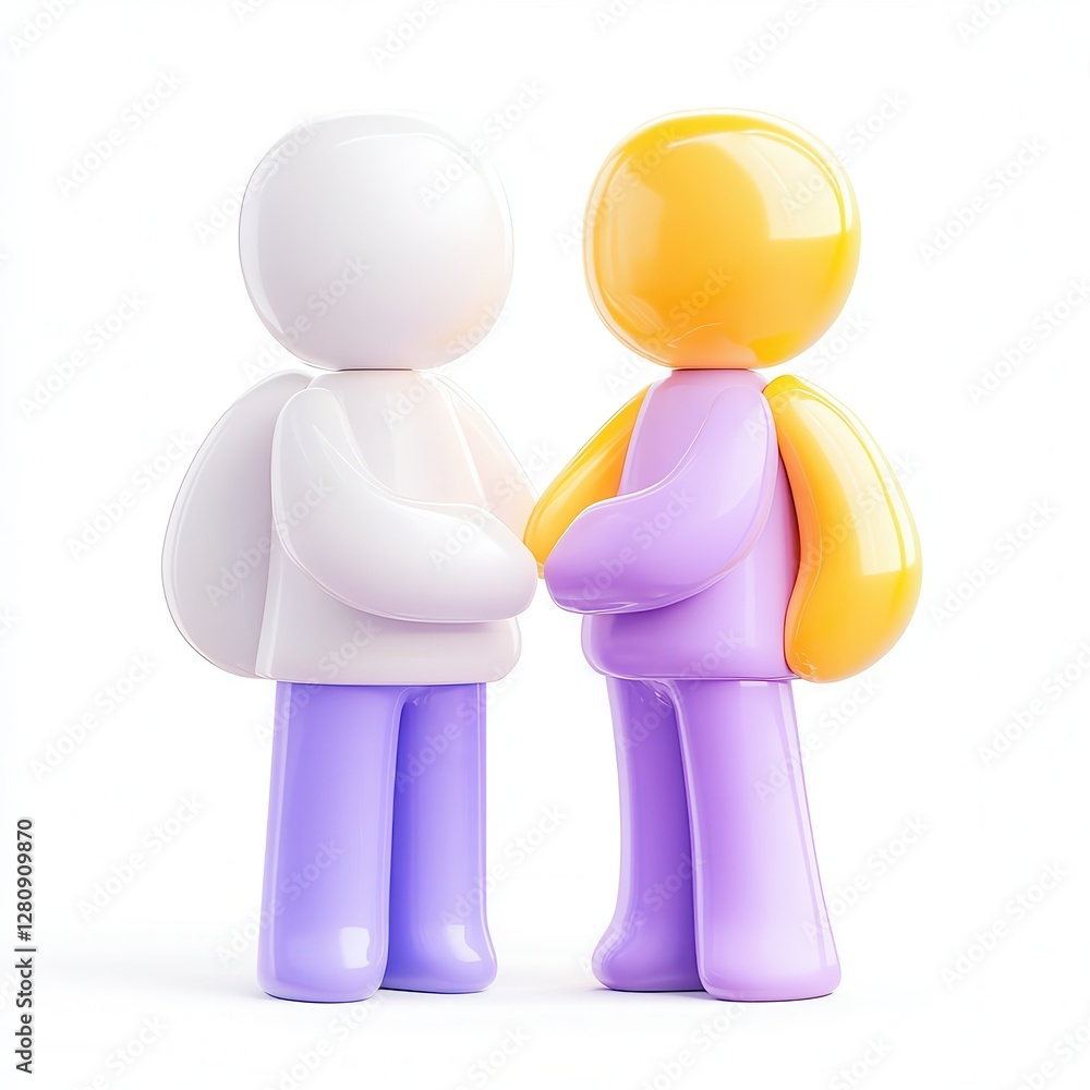 Poster two stylized 3d figures interacting with soft colors and rounded shapes, conveying a sense of connec