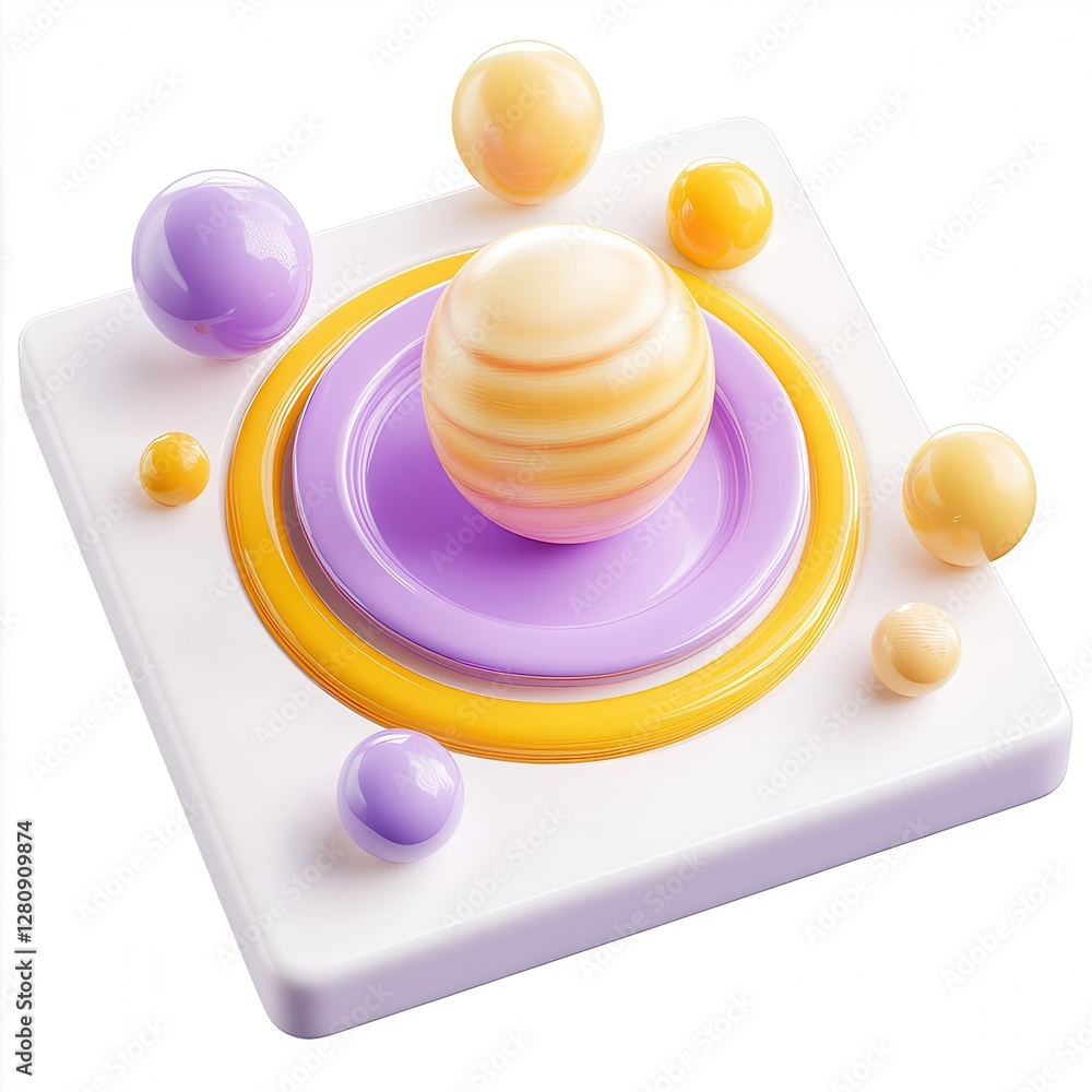 Poster A colorful 3D rendering of a planet surrounded by swirling orbs on a square base, featuring pastel colors and smooth textures.