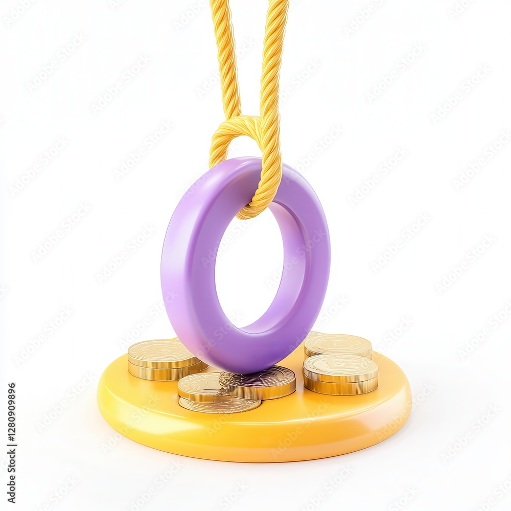 Poster a colorful ring and coins, illustrating a playful concept of value or currency in a 3d design.