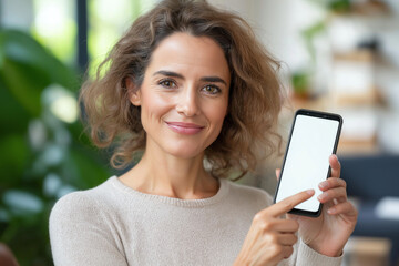 Confident Woman Presenting Smartphone with Blank Screen for Copy Space in Bright Modern Backgrounds