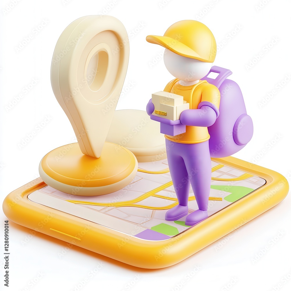 Poster a 3d character holding a package stands on a stylized map with a location pin, representing delivery