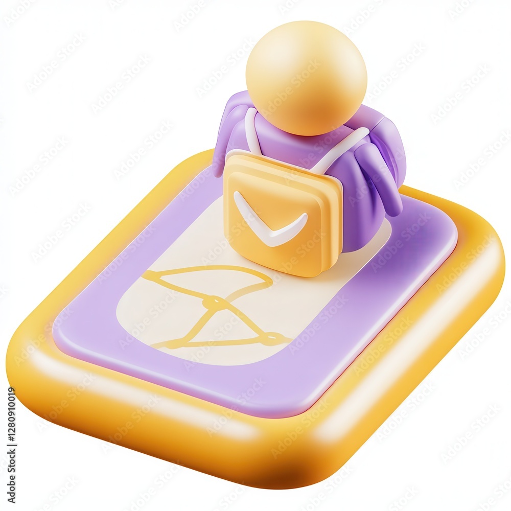 Poster a 3d rendered icon of a figure with a bag, standing on a colorful platform, showcasing modern design