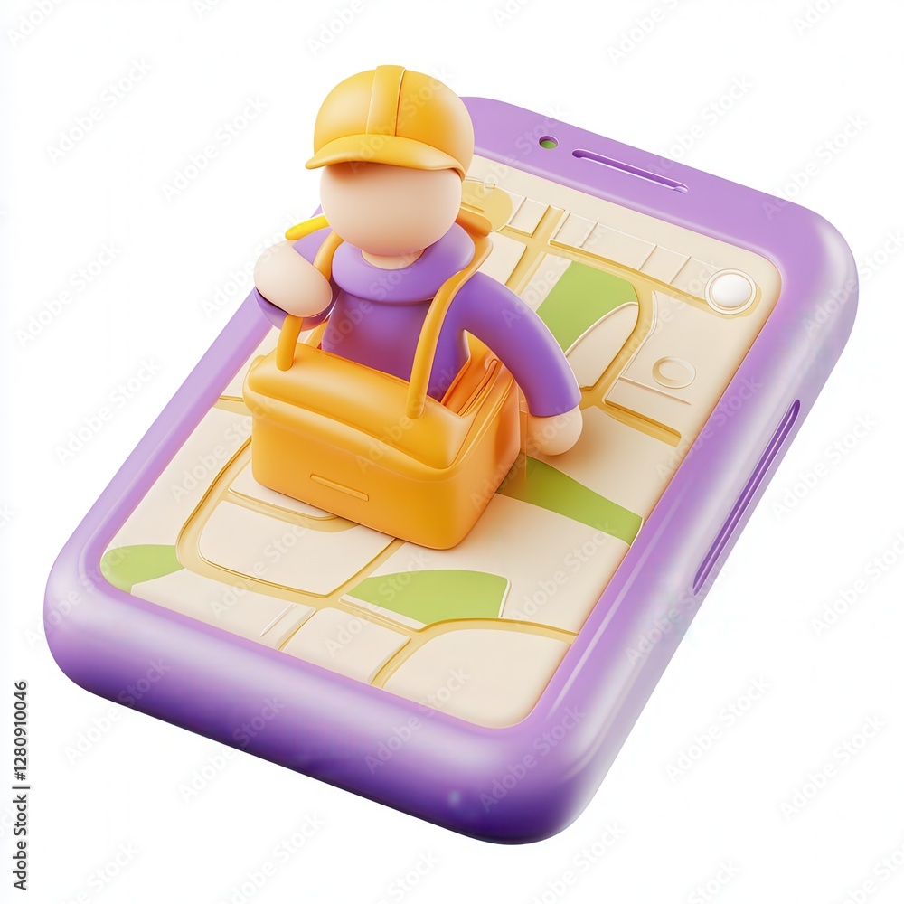 Poster a 3d rendered phone with a cartoon character representing a delivery person on a map interface.