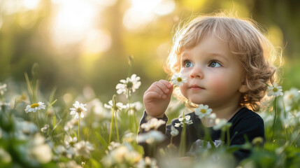 Blond toddler enjoying the moment while smelling a daisy flower in a vibrant field of blooms at sunset, embracing the beauty of nature and the refreshing evening air