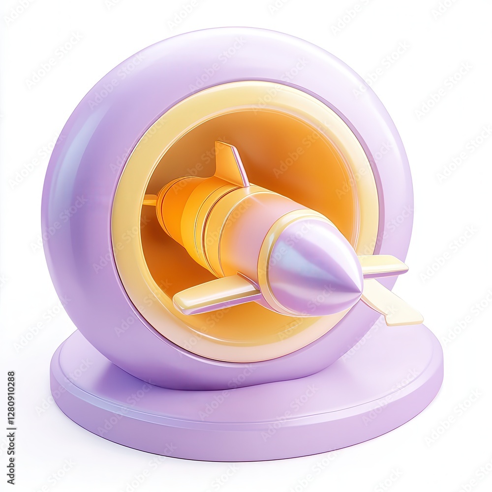 Poster a stylized 3d render of a colorful, futuristic missile inside a circular casing, featuring smooth cu