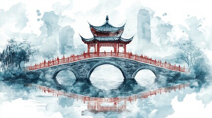 Watercolor Painting of a Traditional Chinese Pagoda