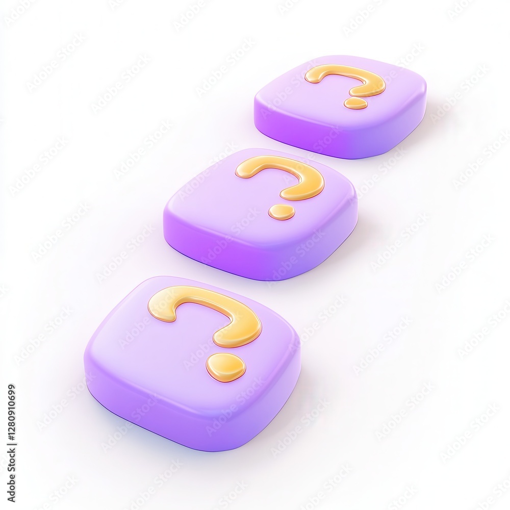 Poster three purple question mark blocks arranged in a line against a white background, featuring a smooth 