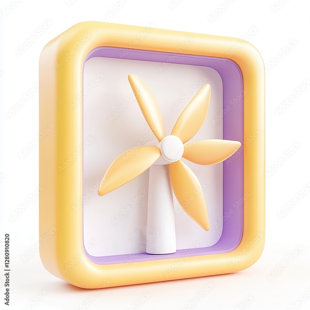 Poster a colorful 3d model of a fan enclosed in a round-edged square frame with pastel colors.