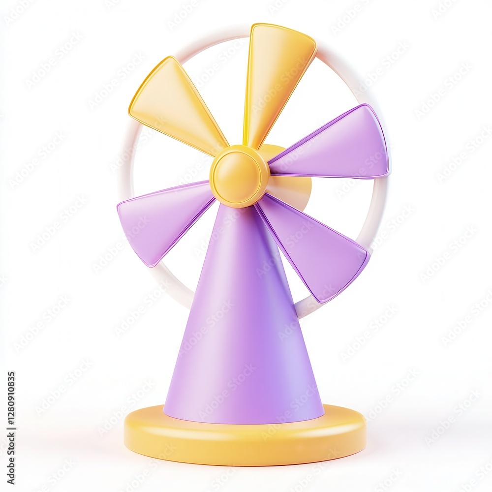 Poster a colorful 3d model of a fan with a cone-shaped base and multiple blades in different pastel colors.