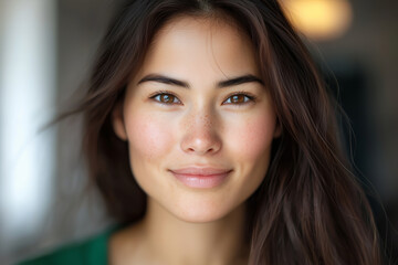 Close-Up Portrait of Young Woman with Freckles and Long Hair in Soft Natural Light and Minimalist Backgrounds