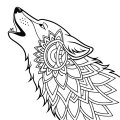 Howling Wolf Mandala Coloring Page: Intricate Line Art of a Wolf's Head with Floral Mandala Design for Relaxation and Creative Coloring Fun