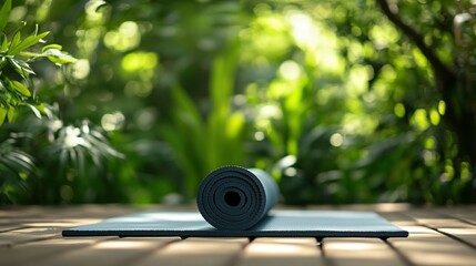 A single yoga mat on a wooden floor, soft natural light from left