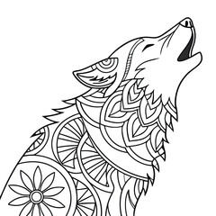 Howling Wolf Zentangle Coloring Page: Detailed Animal Design for Adults, Intricate Patterns, Printable Art Therapy Relaxation Activity