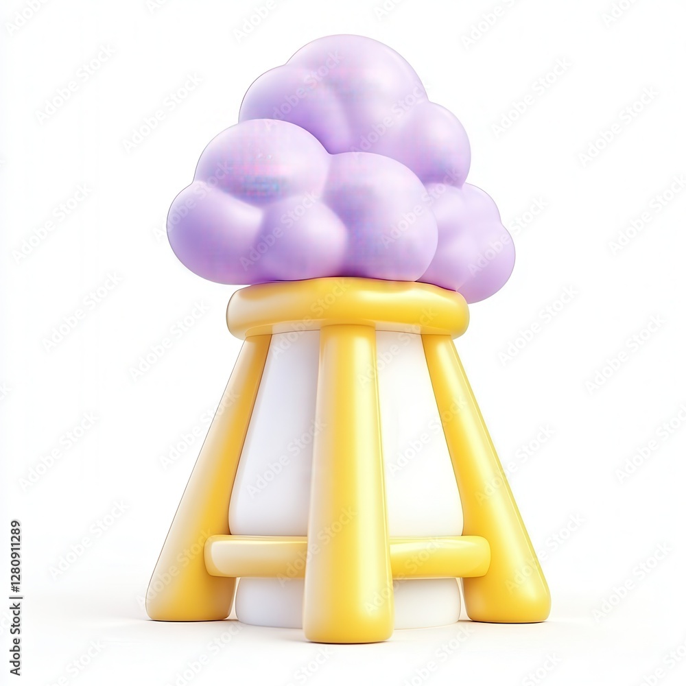 Poster a whimsical 3d rendering of a soft serve ice cream cone with purple clouds on top, showcasing smooth