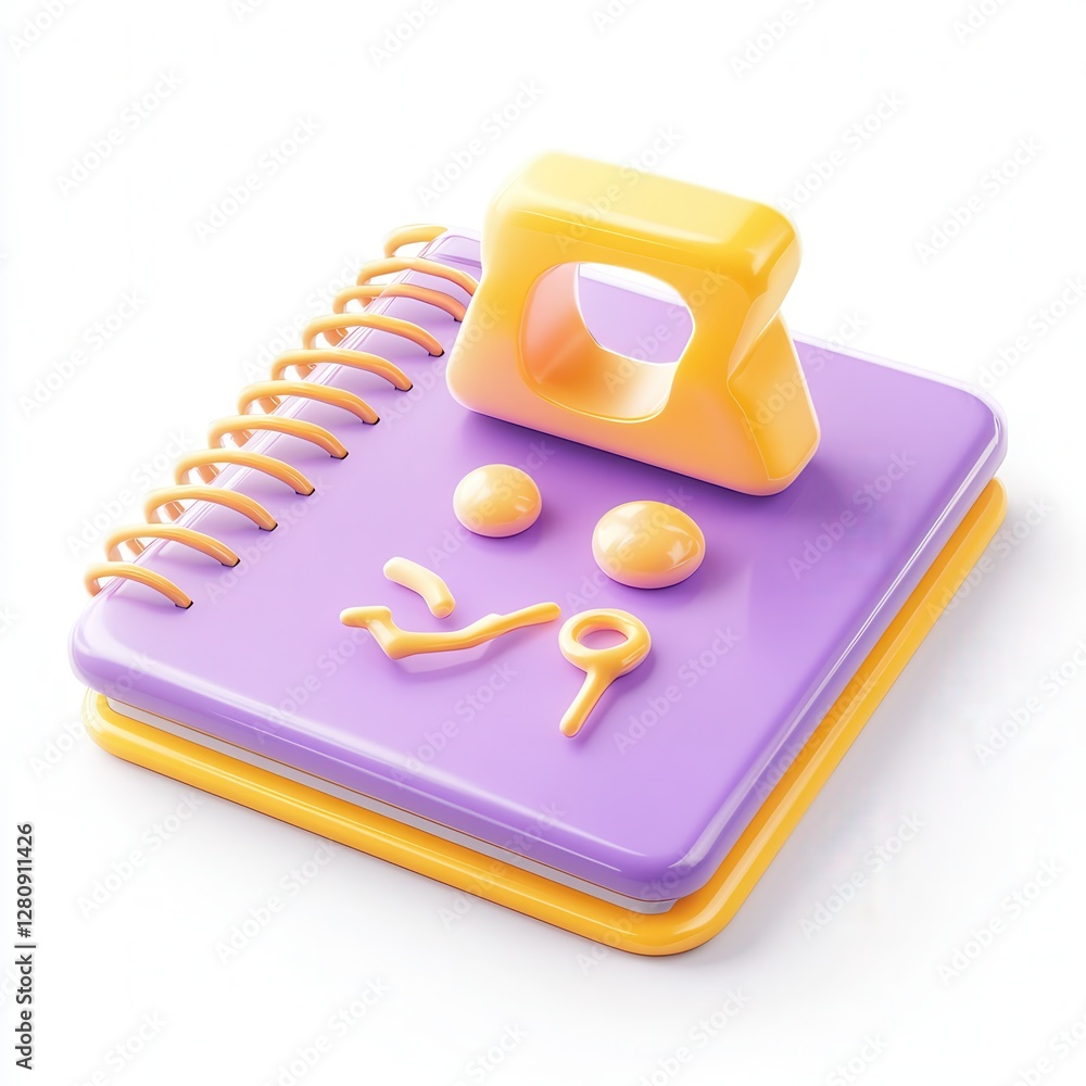 Poster a colorful 3d notebook design with smiley face and spiral binding in vibrant purple and yellow color