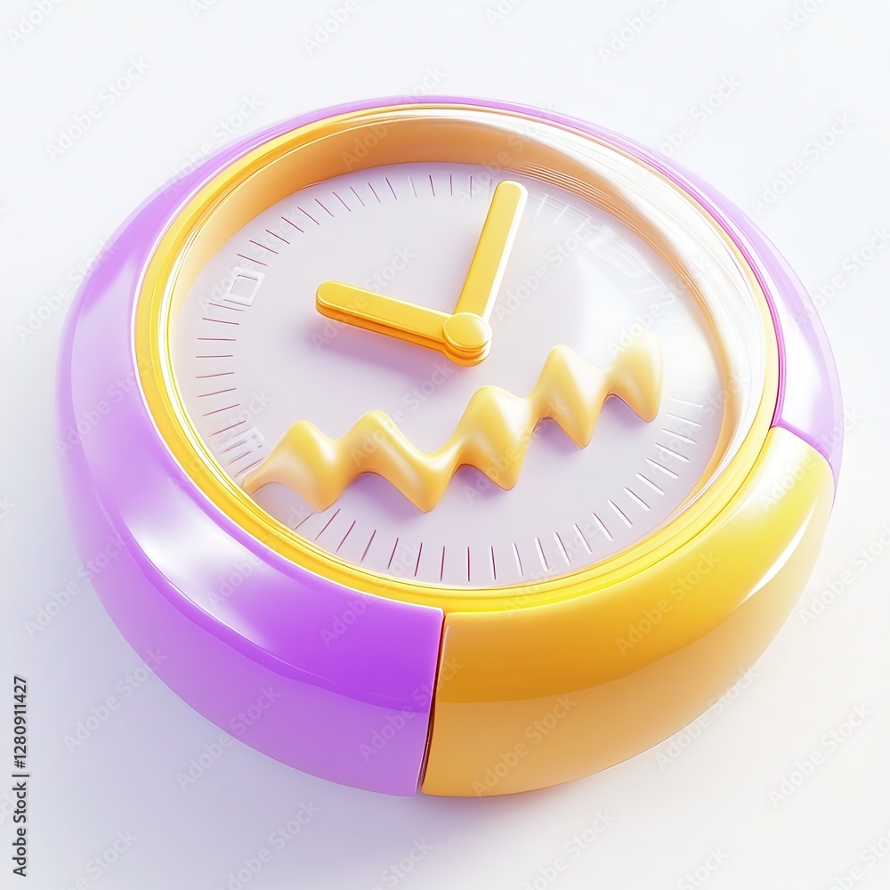 Poster a colorful 3d clock with a whimsical design featuring purple and yellow colors and a zigzag clock fa