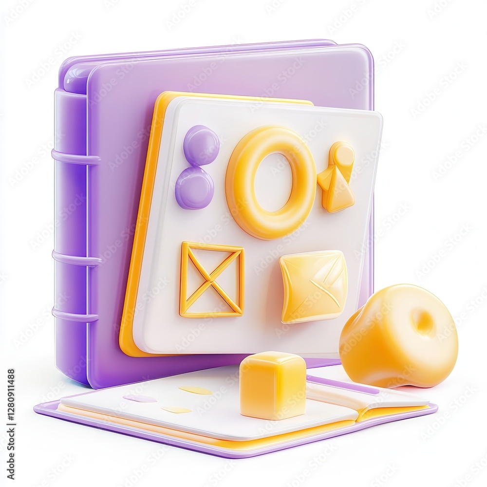 Aufkleber a 3d render featuring a colorful assortment of geometric shapes on a modern design notebook.