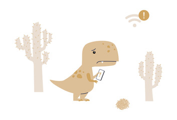 Dinosaur Holding Smartphone With No Internet Connection In Flat Vector Illustration Symbolizing Offline Mode, Connection Error, And Digital Isolation, Isolated On White Background