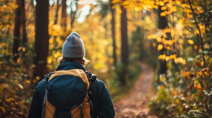 Person hiking through a vibrant autumn forest with colorful leaves and a winding path