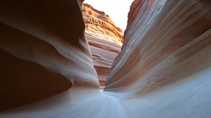 Fly-through a slot canyon carved from white navajo sandstone, soft morning light illuminates delicate layers and patterns, the camera flies through the winding channels - Powered by Adobe