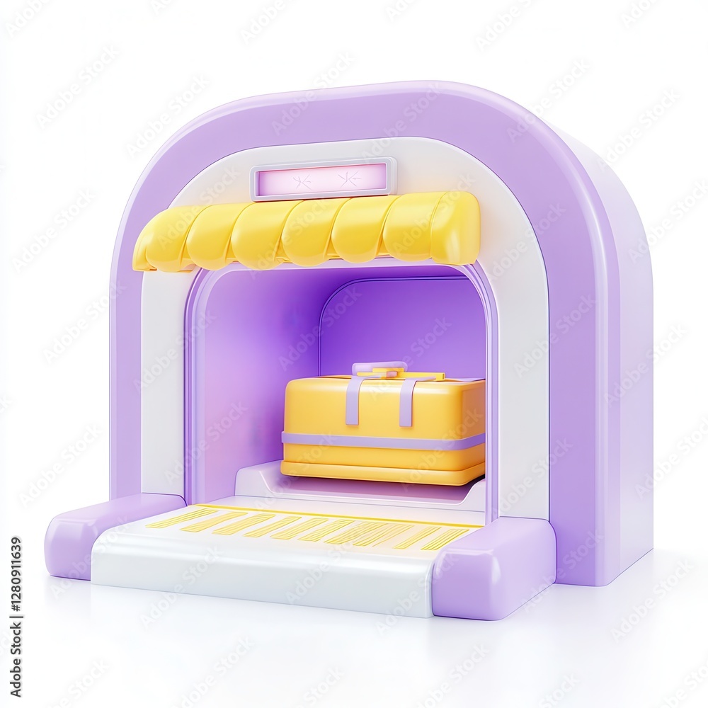 Poster a colorful toy vending machine with a yellow suitcase inside, designed in a playful style.
