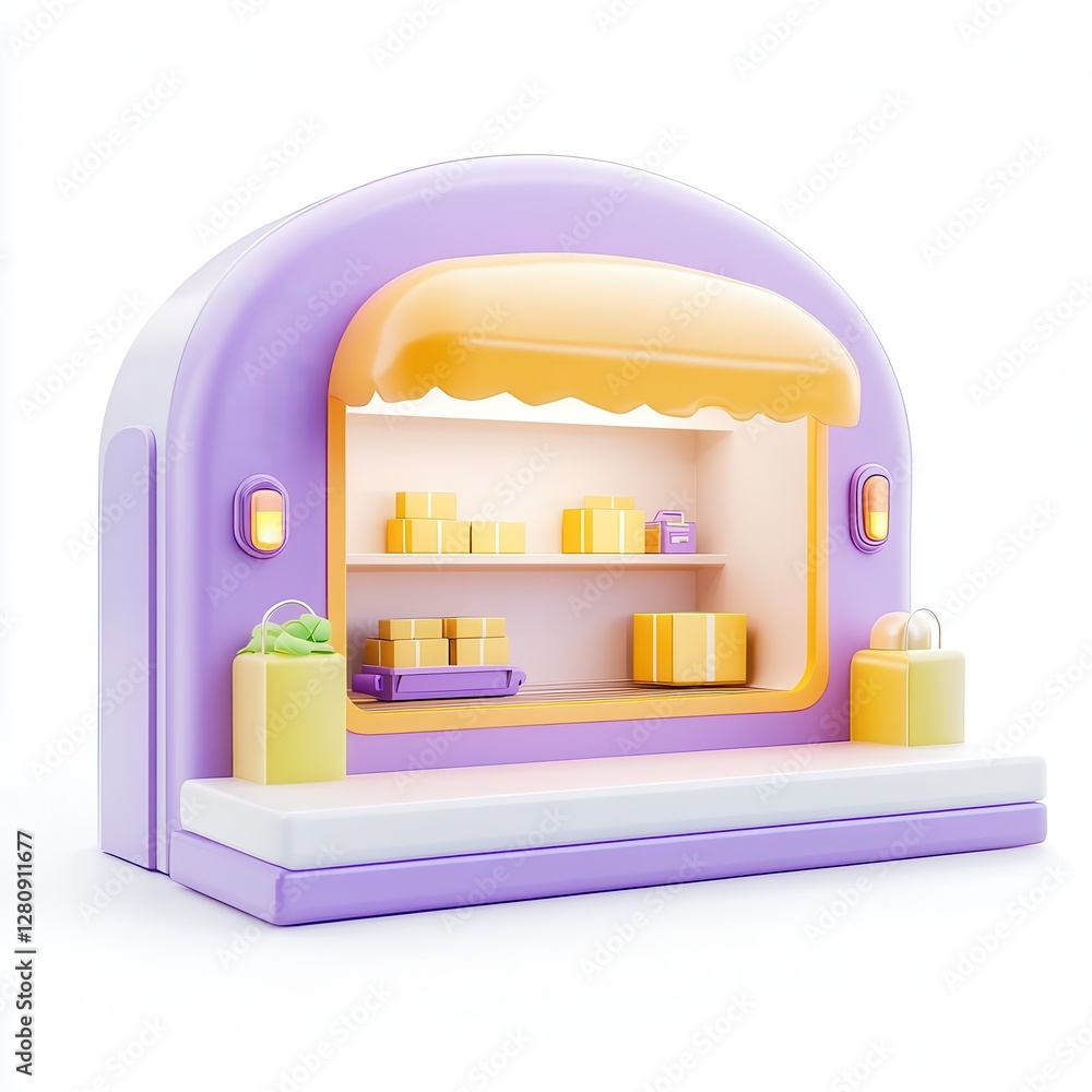 Poster A colorful 3D display of a whimsical storefront with shelves filled with boxes and products in a playful design.