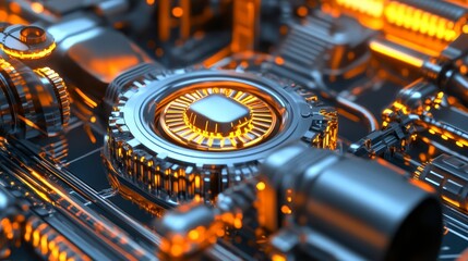 Fototapeta premium Intricate Metallic Gear Mechanism with Glowing Orange Accents
