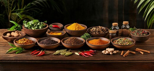 Diverse spices and herbs on wooden table with bowls and glass jars