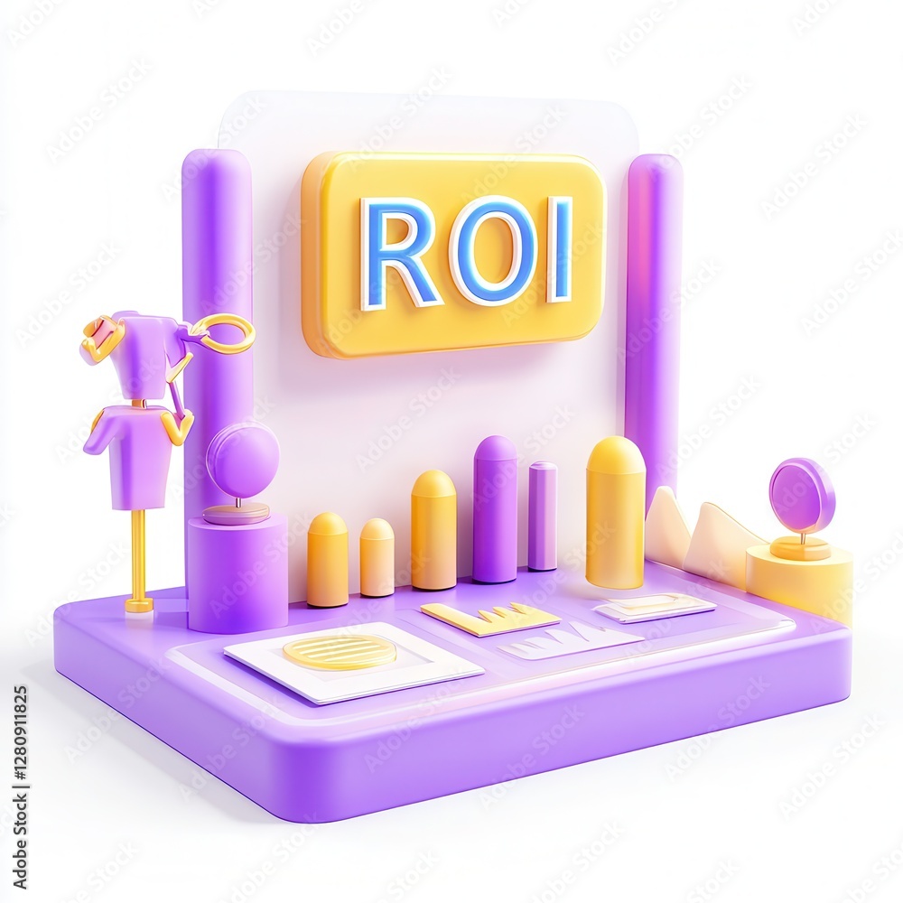 Poster a colorful 3d display showcasing roi metrics with various shapes and icons.