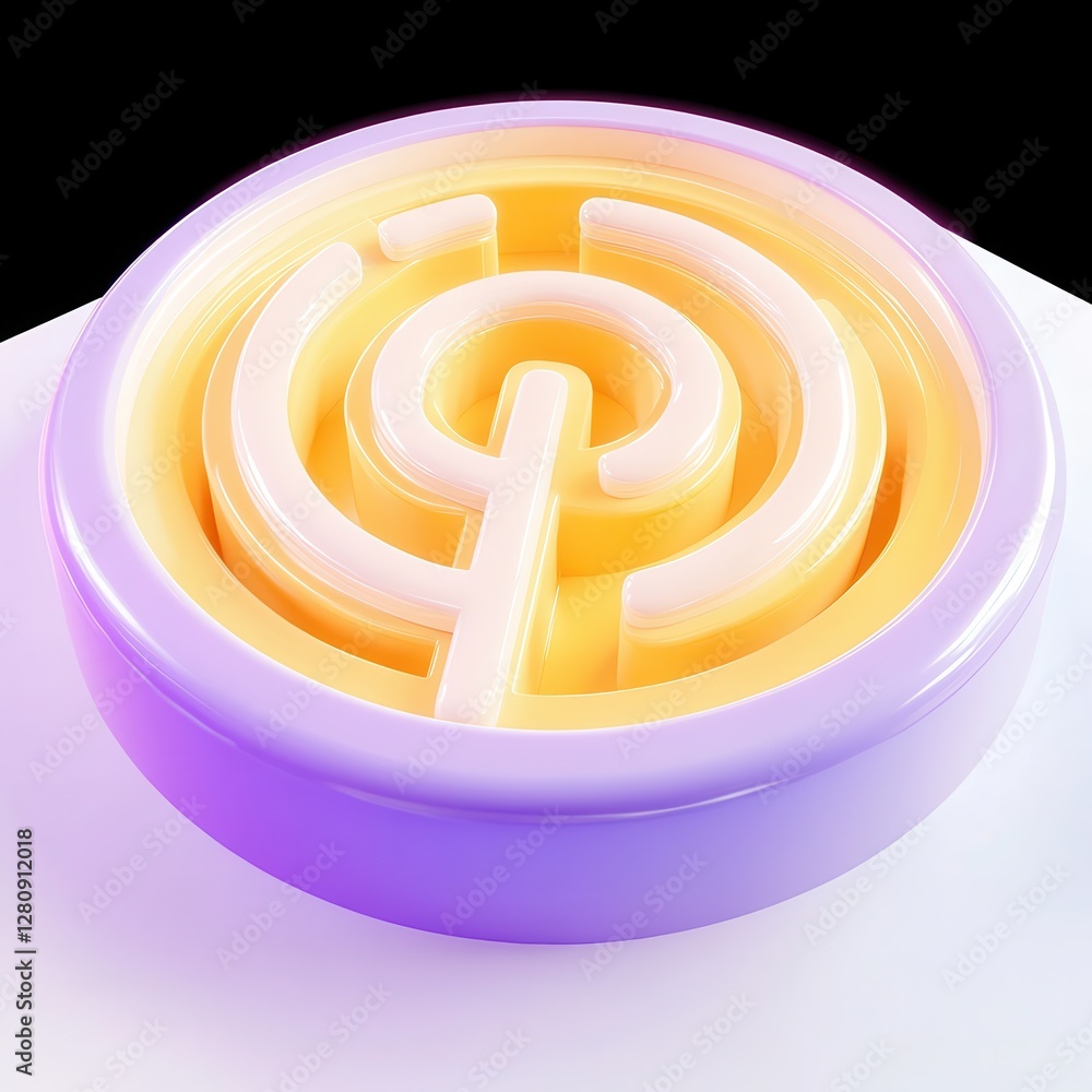 Aufkleber a vibrant 3d render of a circular maze design with smooth glossy edges in yellow and purple.
