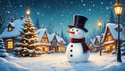 snowman with christmas tree